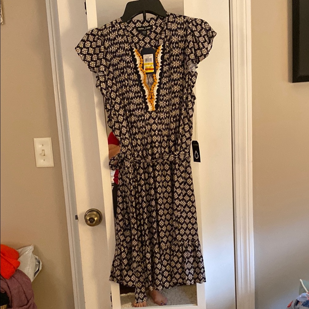 Nautica Black and White Flutter Sleeve Midi Sundress